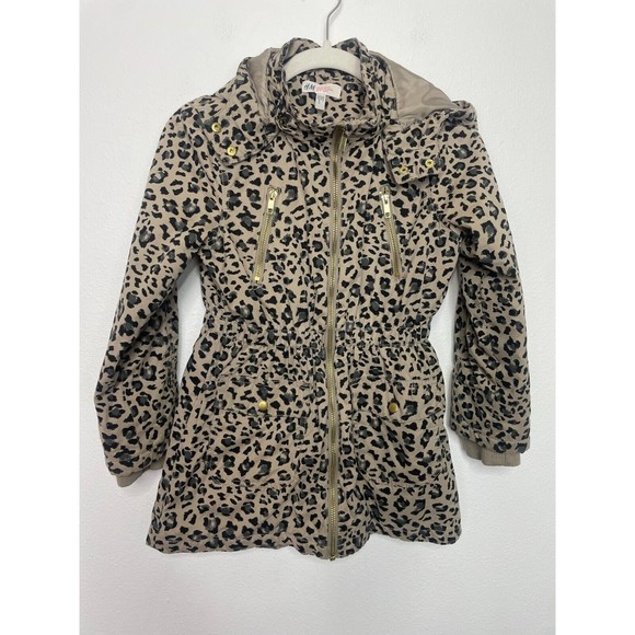 H&M Size 9-10 Tan Leopard Print Parka Coat Black Cinched-Waist Detachable Hood - Picture 1 of 12